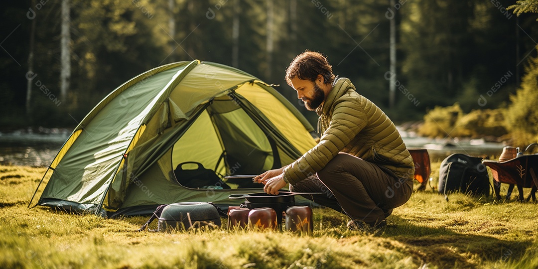 Um homem monta sua barraca no acampamento