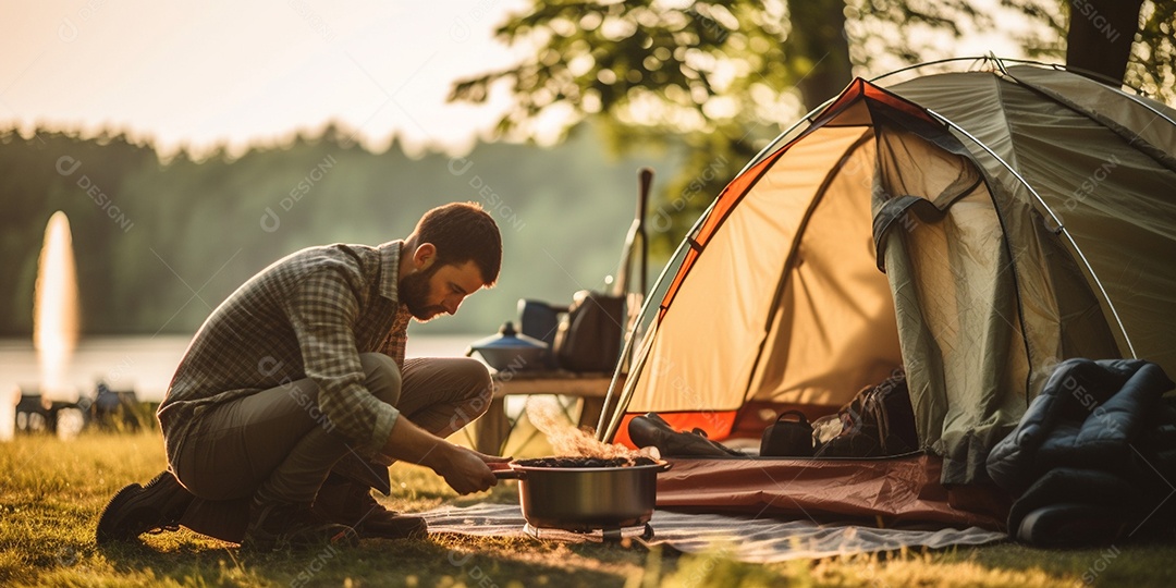Um homem monta sua barraca no acampamento