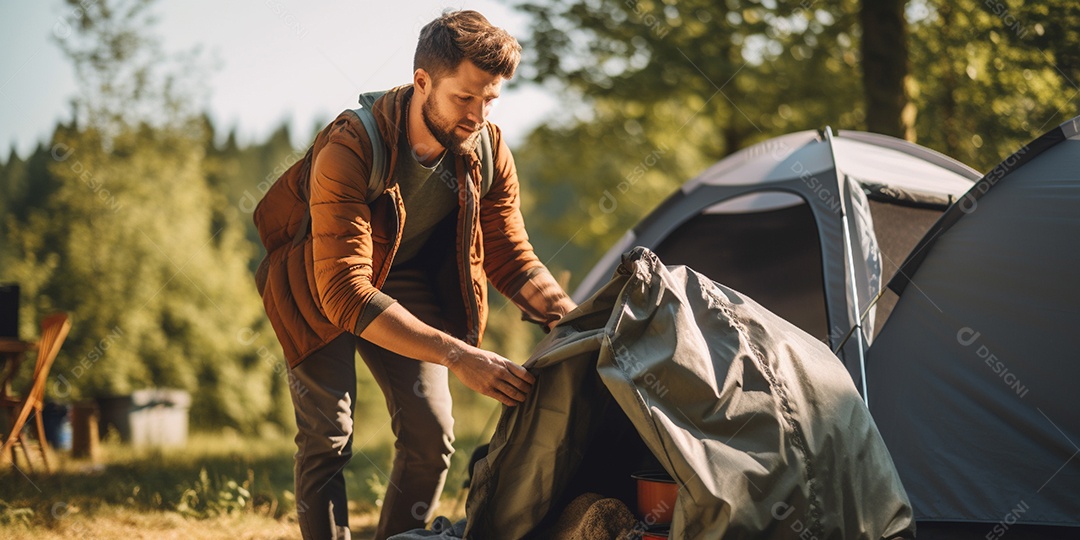 Um homem monta sua barraca no acampamento