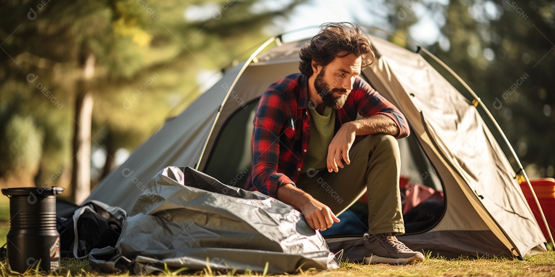 Um homem monta sua barraca no acampamento