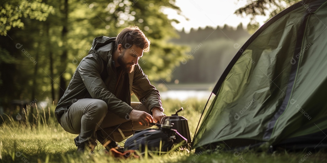 Um homem monta sua barraca no acampamento