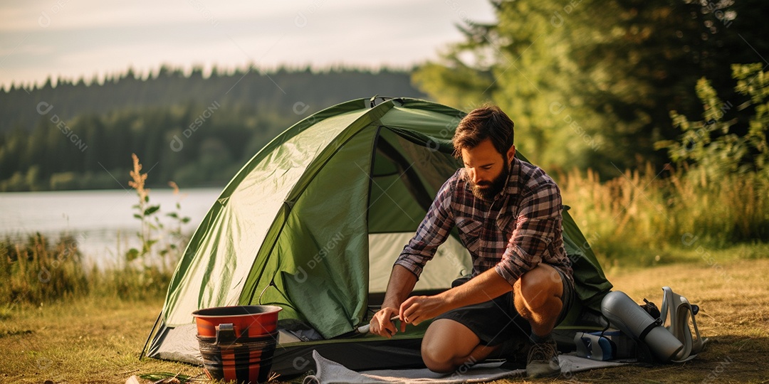 Um homem monta sua barraca no acampamento
