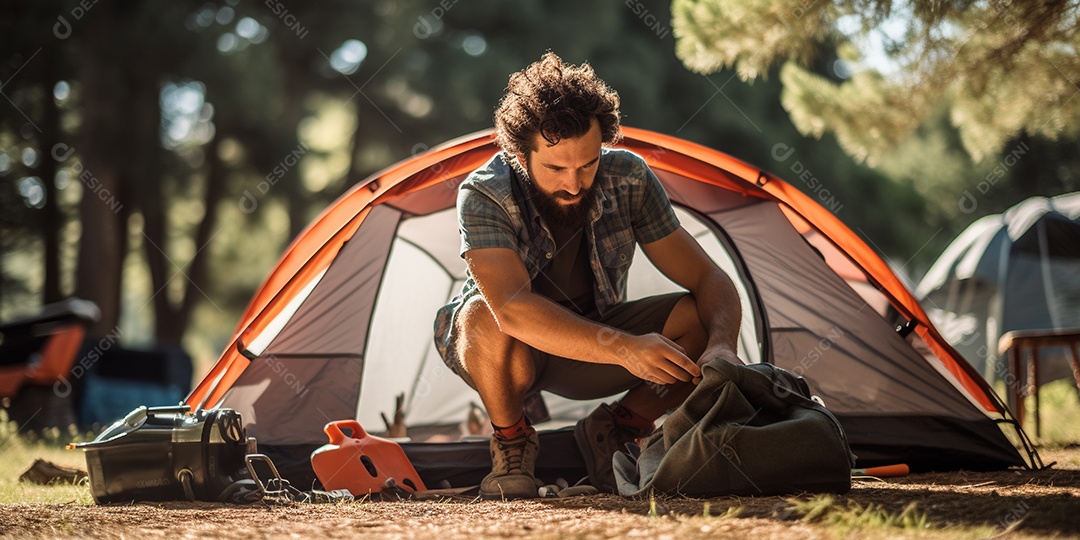 Um homem monta sua barraca no acampamento