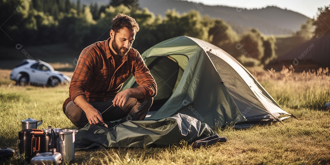 Um homem monta sua barraca no acampamento