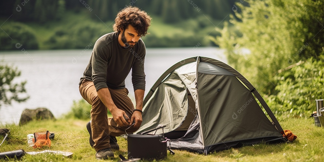 Um homem monta sua barraca no acampamento