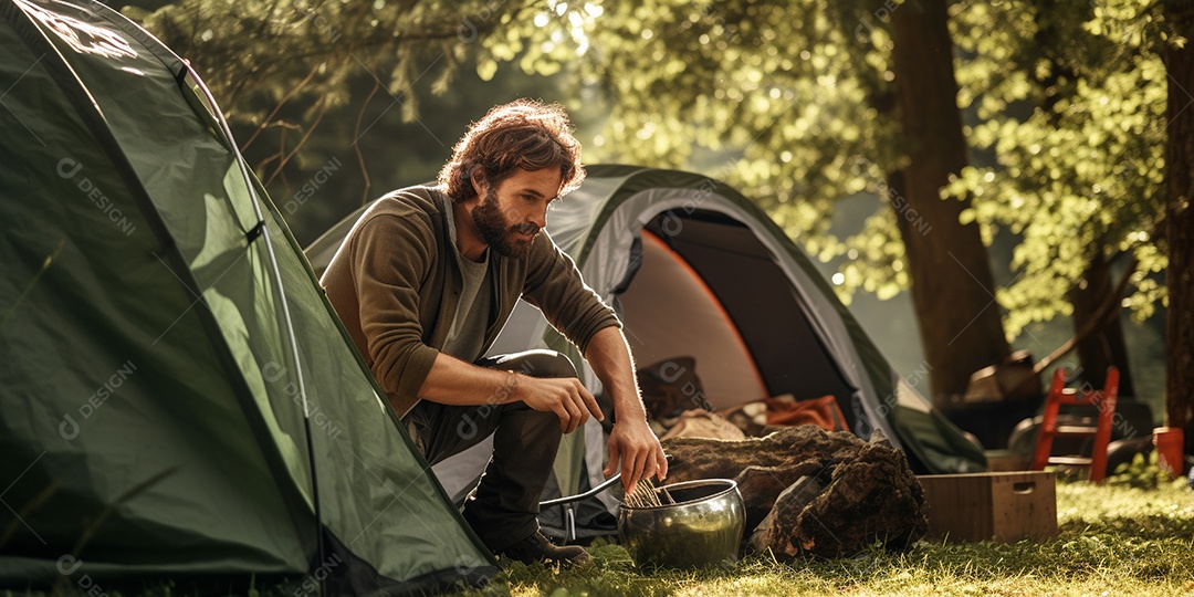 Um homem monta sua barraca no acampamento