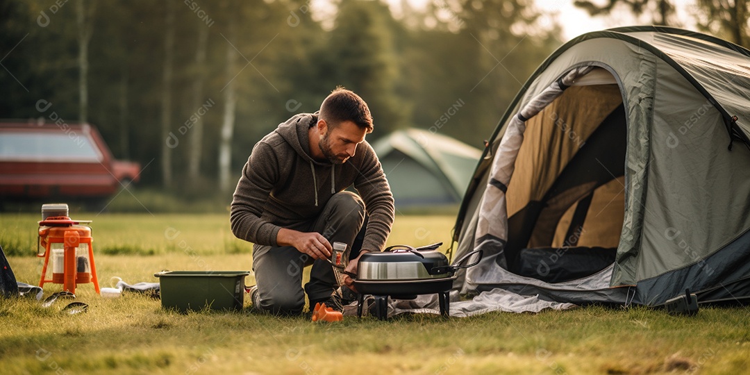 Um homem monta sua barraca no acampamento