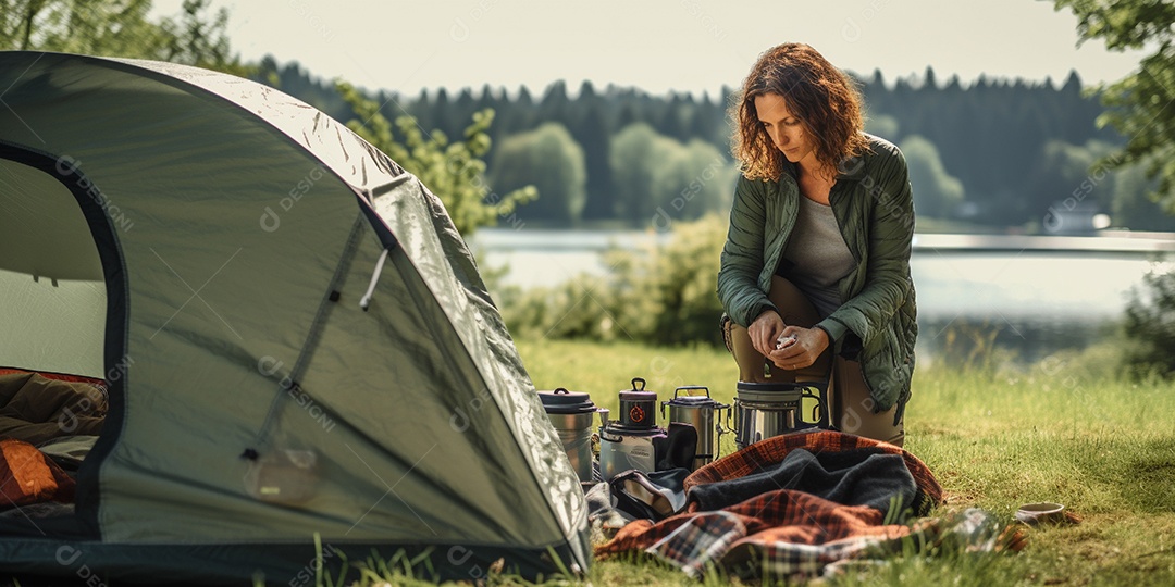 Uma mulher monta sua barraca no acampamento