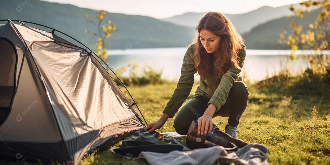 Uma mulher monta sua barraca no acampamento