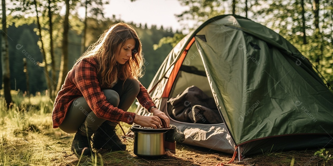 Uma mulher monta sua barraca no acampamento