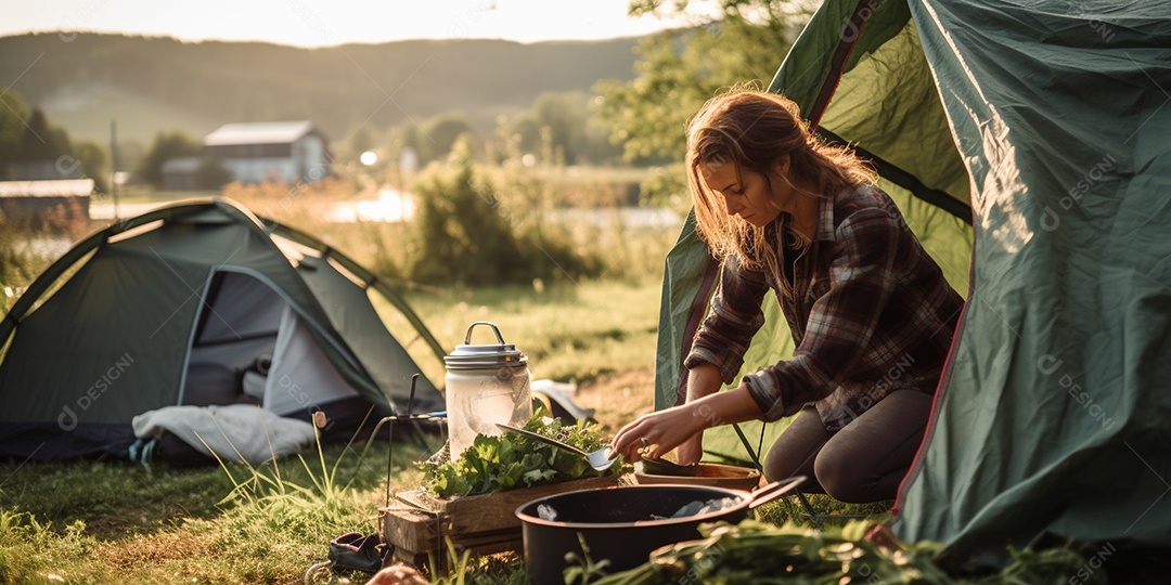 Uma mulher monta sua barraca no acampamento