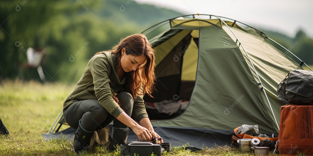 Uma mulher monta sua barraca no acampamento