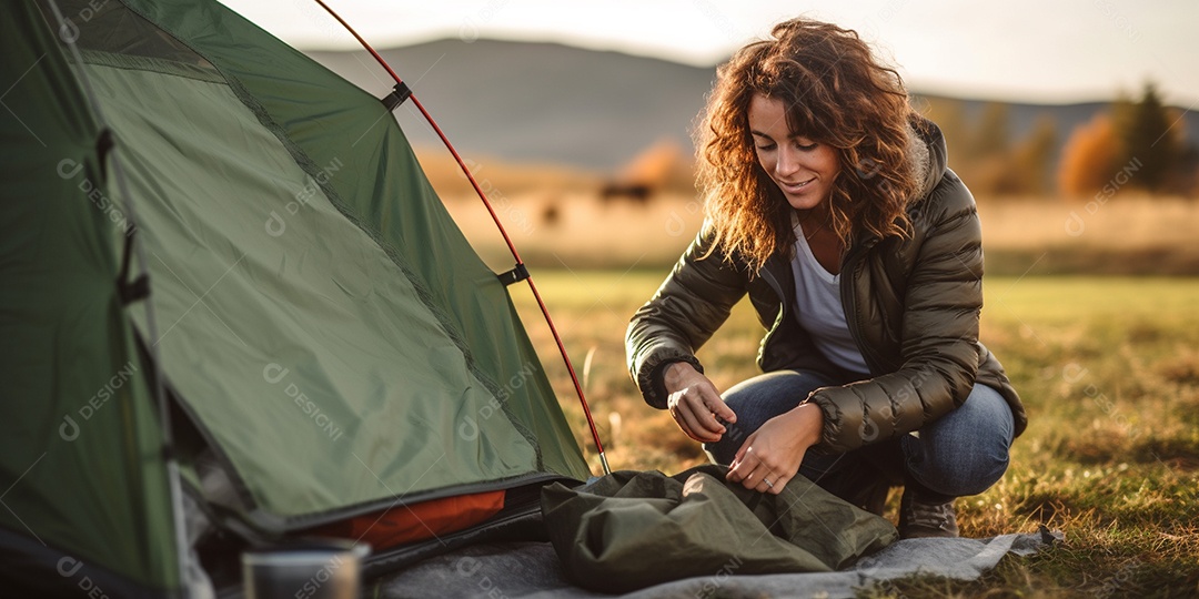 Uma mulher monta sua barraca no acampamento