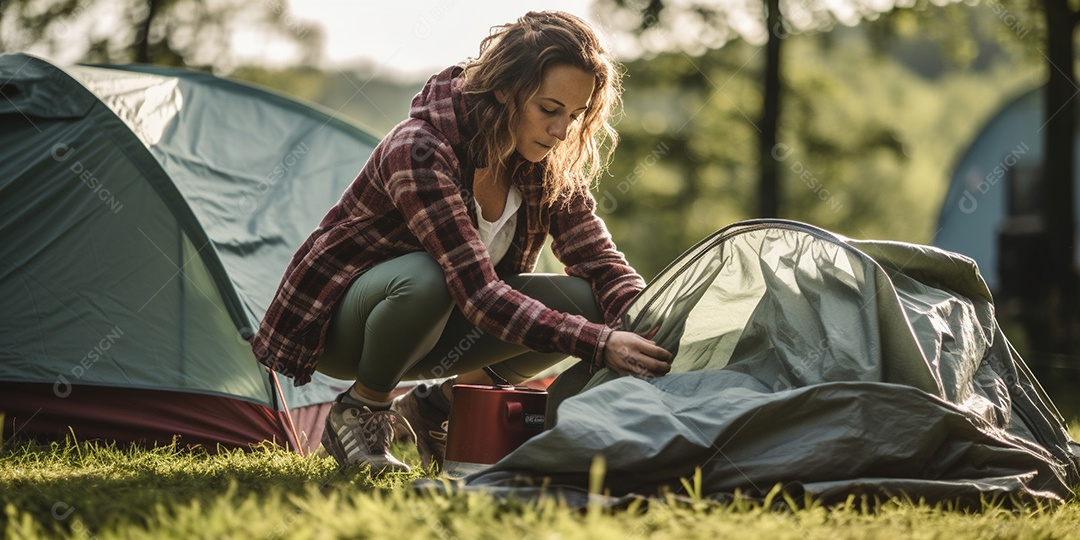 Uma mulher monta sua barraca no acampamento