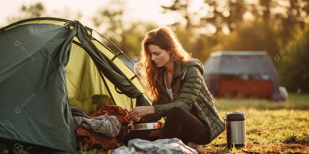 Uma mulher monta sua barraca no acampamento