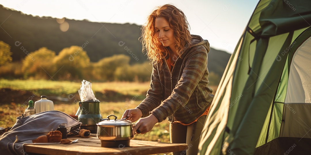 Uma mulher monta sua barraca no acampamento