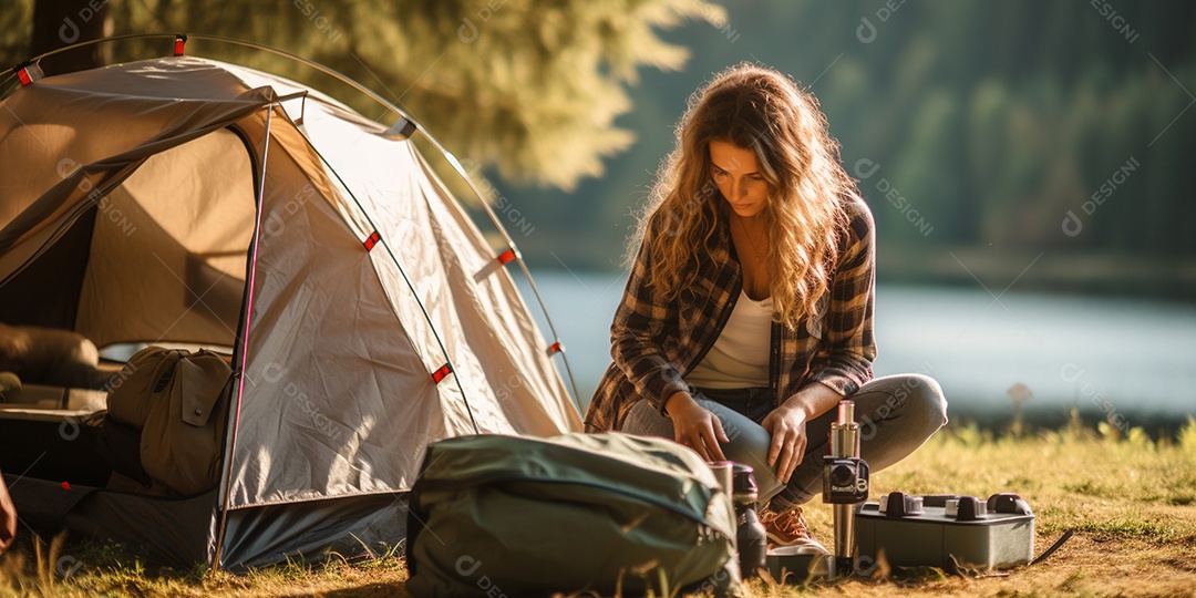 Uma mulher monta sua barraca no acampamento