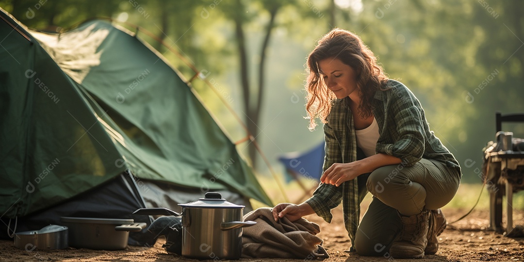 Uma mulher monta sua barraca no acampamento