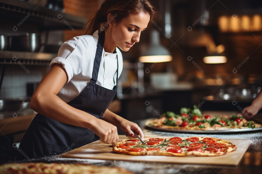 Uma chef feminina faz pizza em um restaurante