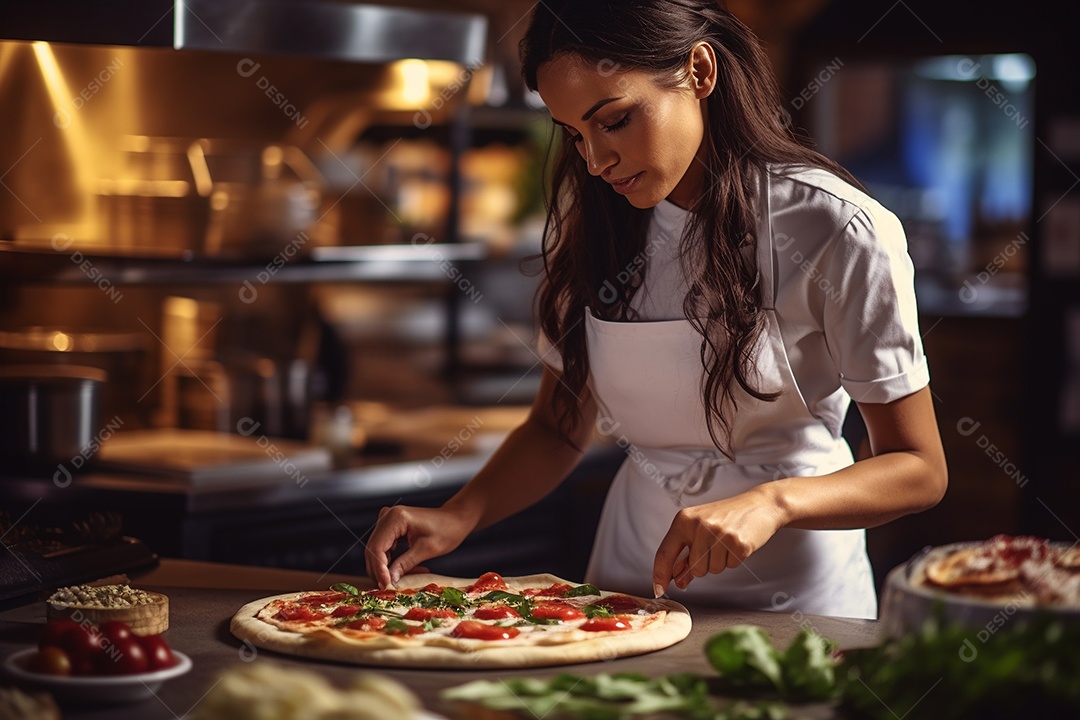 Uma chef feminina faz pizza em um restaurante