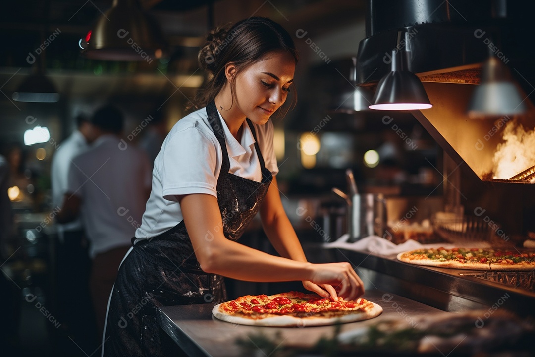 Uma chef feminina faz pizza em um restaurante