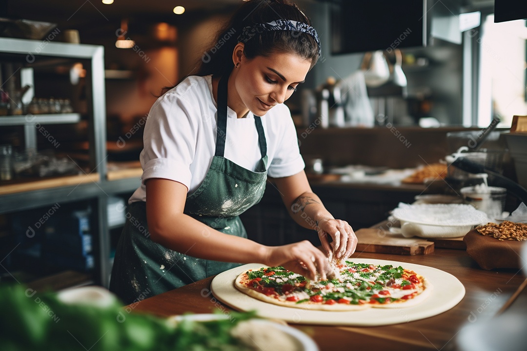 Uma chef feminina faz pizza em um restaurante