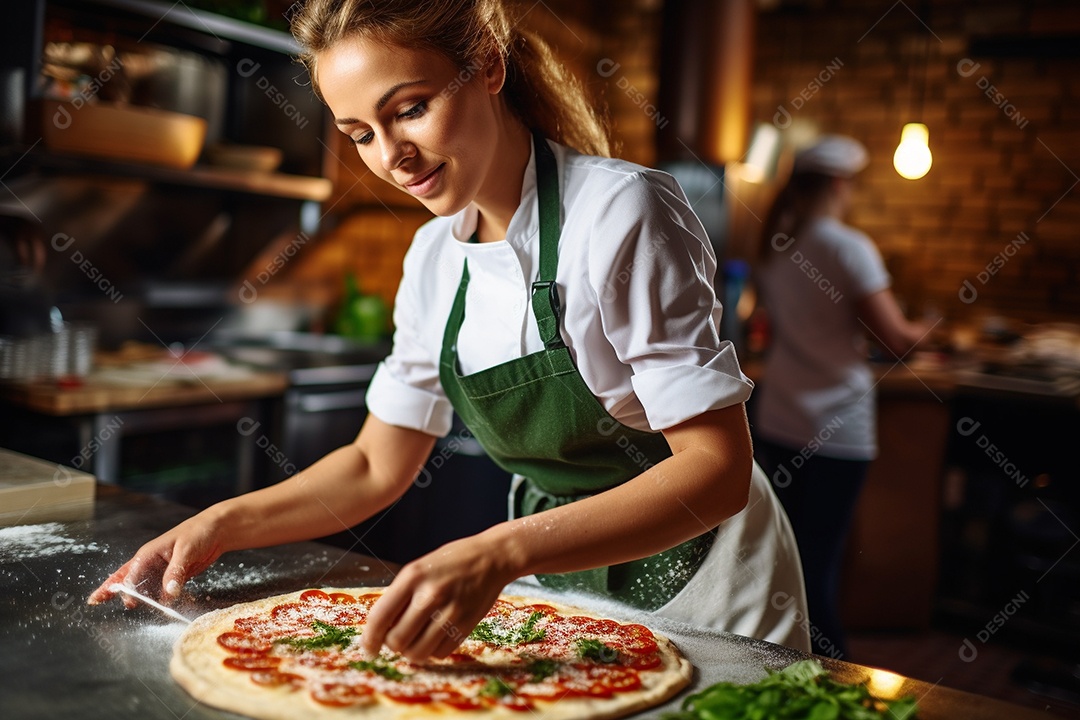 Uma chef feminina faz pizza em um restaurante