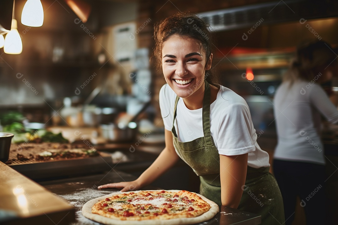 Uma chef feminina faz pizza em um restaurante