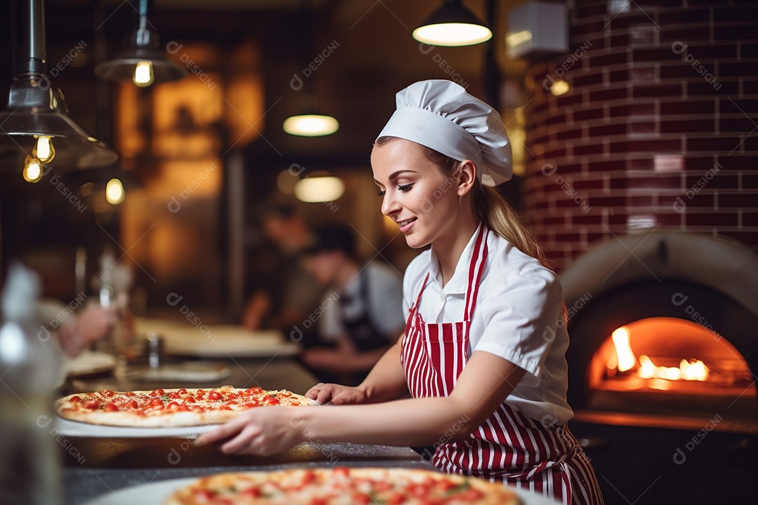 Uma chef feminina faz pizza em um restaurante