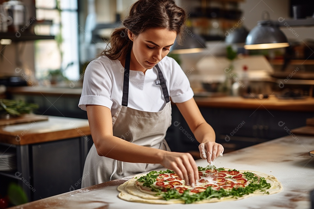 Uma chef feminina faz pizza em um restaurante