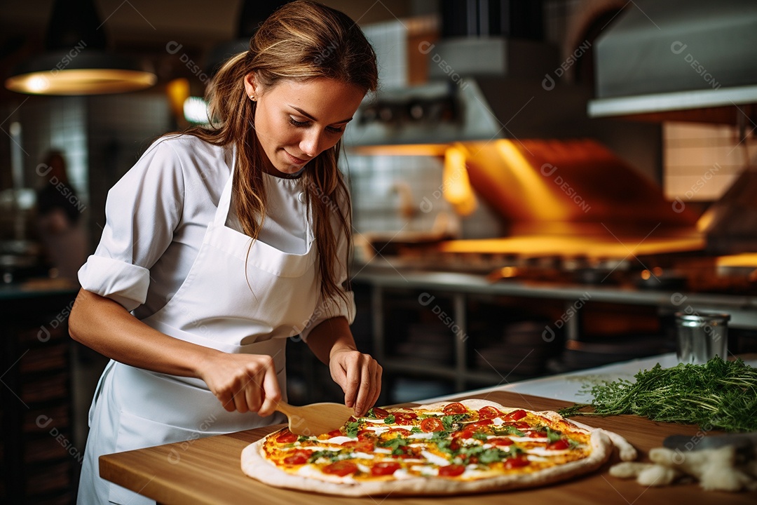 Uma chef feminina faz pizza em um restaurante