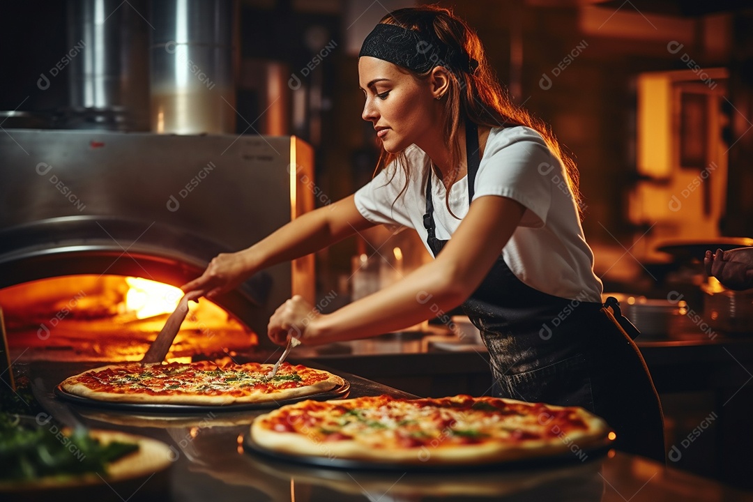 Uma chef feminina faz pizza em um restaurante