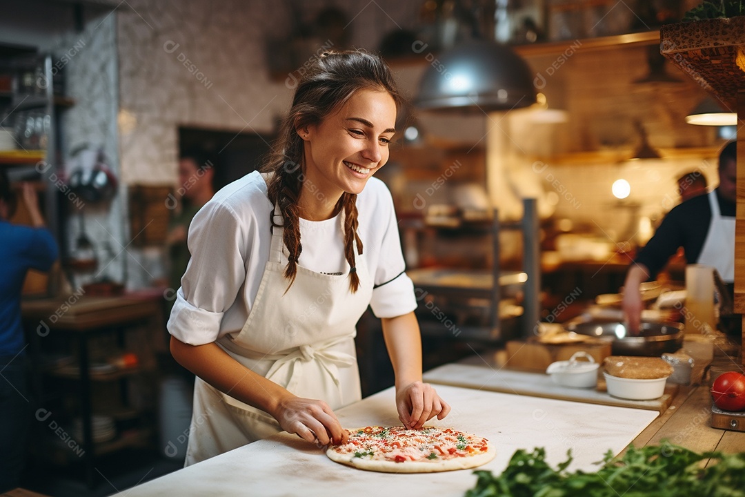 Uma chef feminina faz pizza em um restaurante