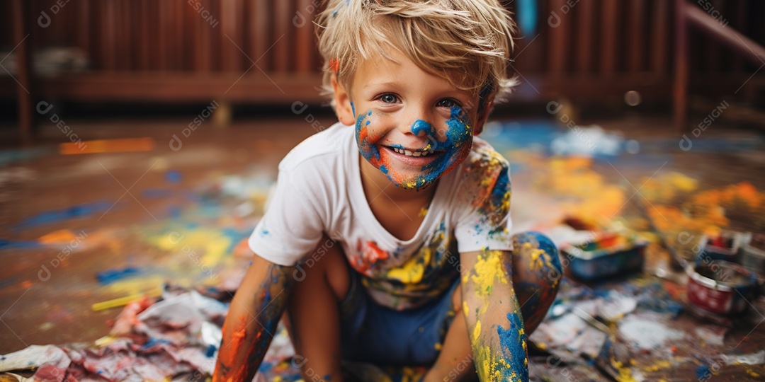 Um garotinho coberto de tinta