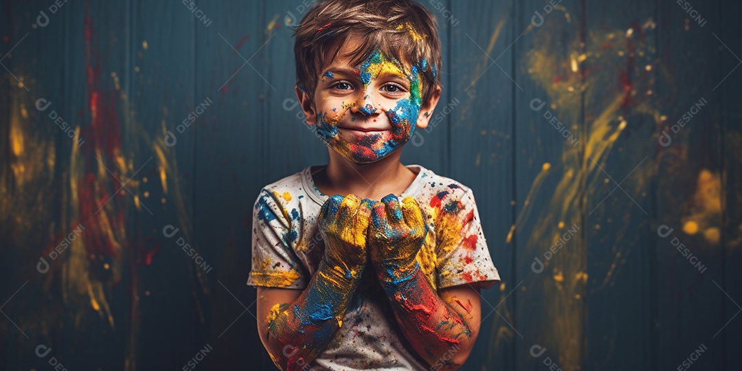 Um garotinho coberto de tinta