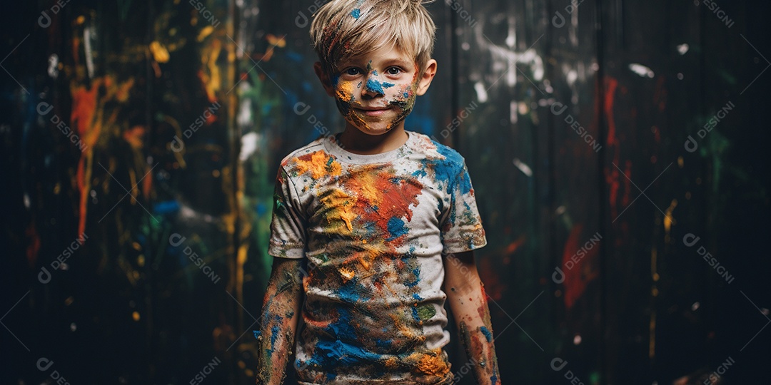Um garotinho coberto de tinta