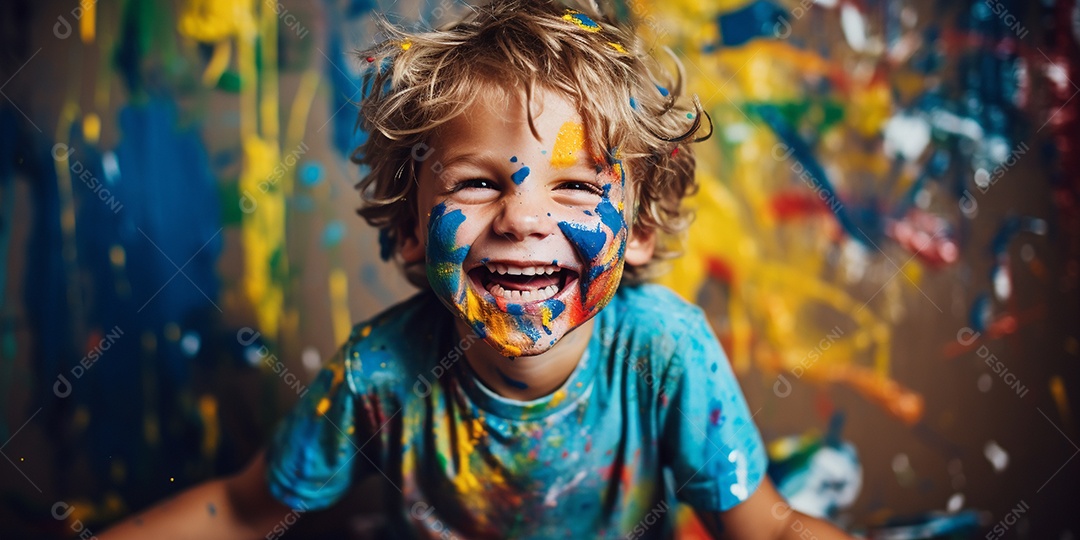 Um garotinho coberto de tinta