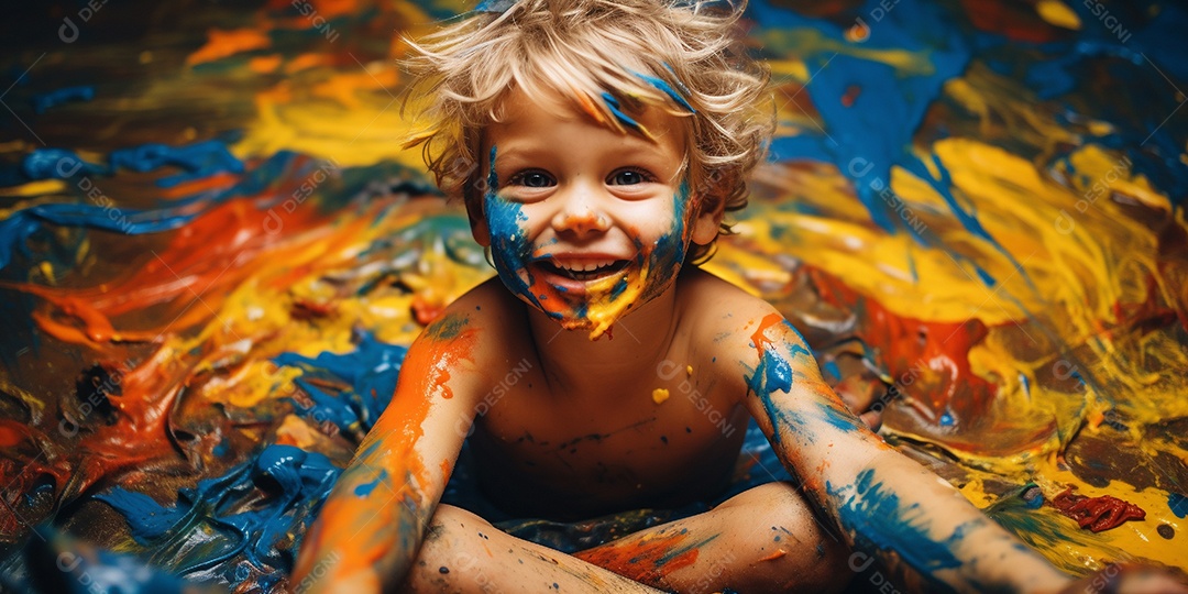 Um garotinho coberto de tinta
