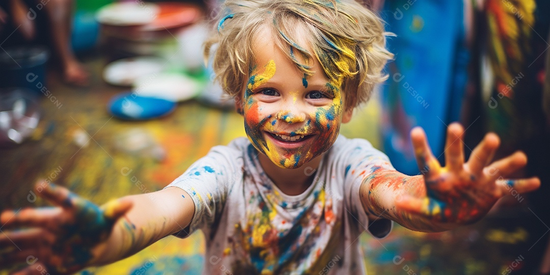 Um garotinho coberto de tinta