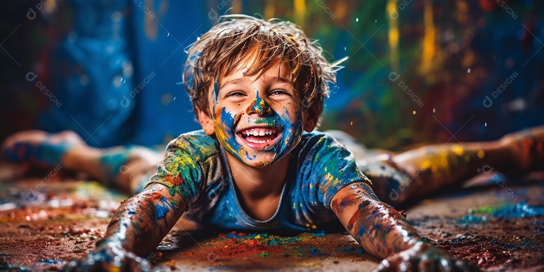 Um garotinho coberto de tinta