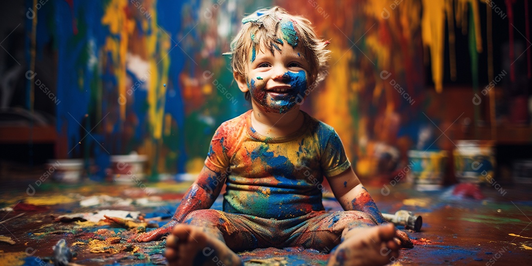 Um garotinho coberto de tinta