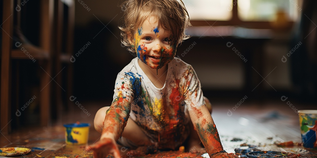 Um garotinho coberto de tinta
