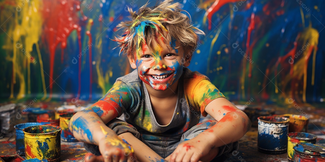 Um garotinho coberto de tinta