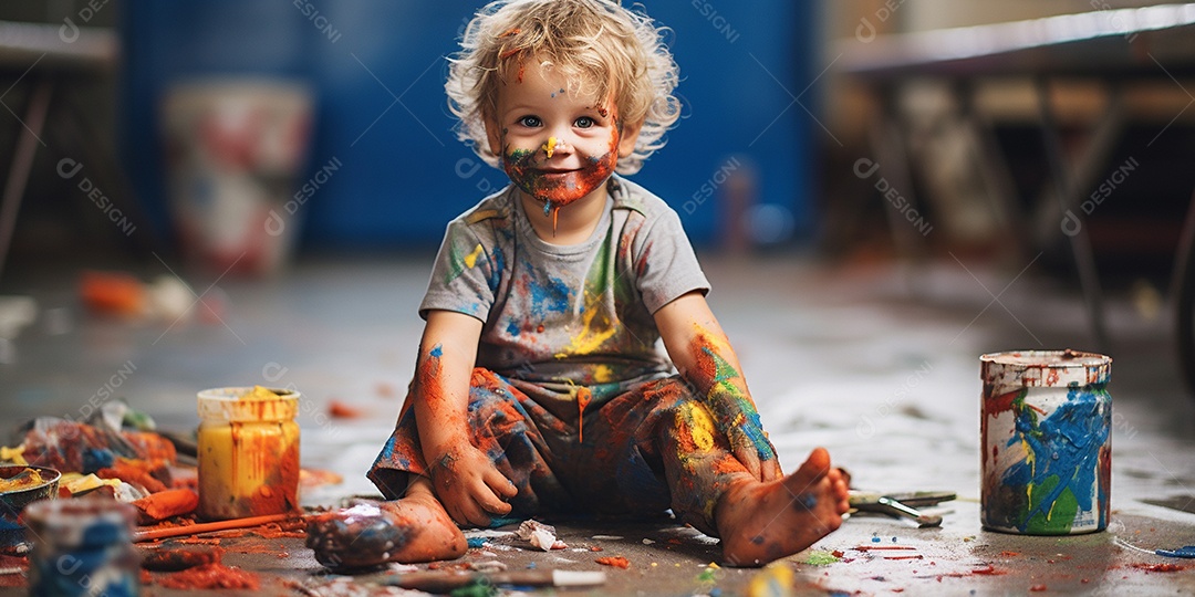 Um garotinho coberto de tinta