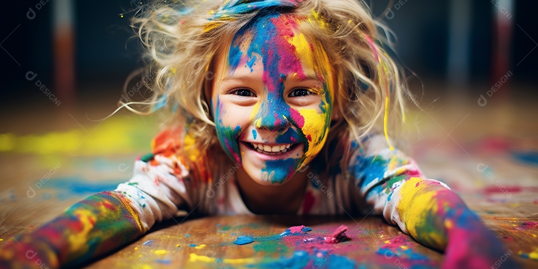 Uma menina coberta de tinta