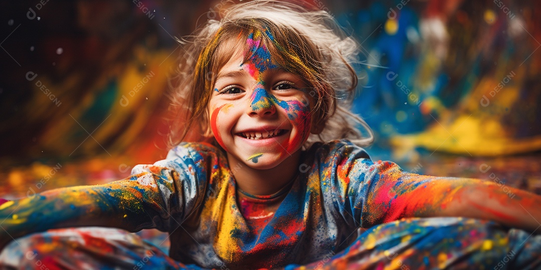 Uma menina coberta de tinta