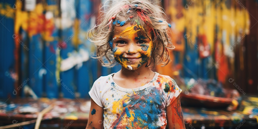 Uma menina coberta de tinta