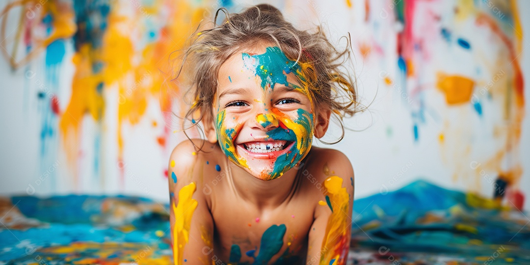 Uma menina coberta de tinta