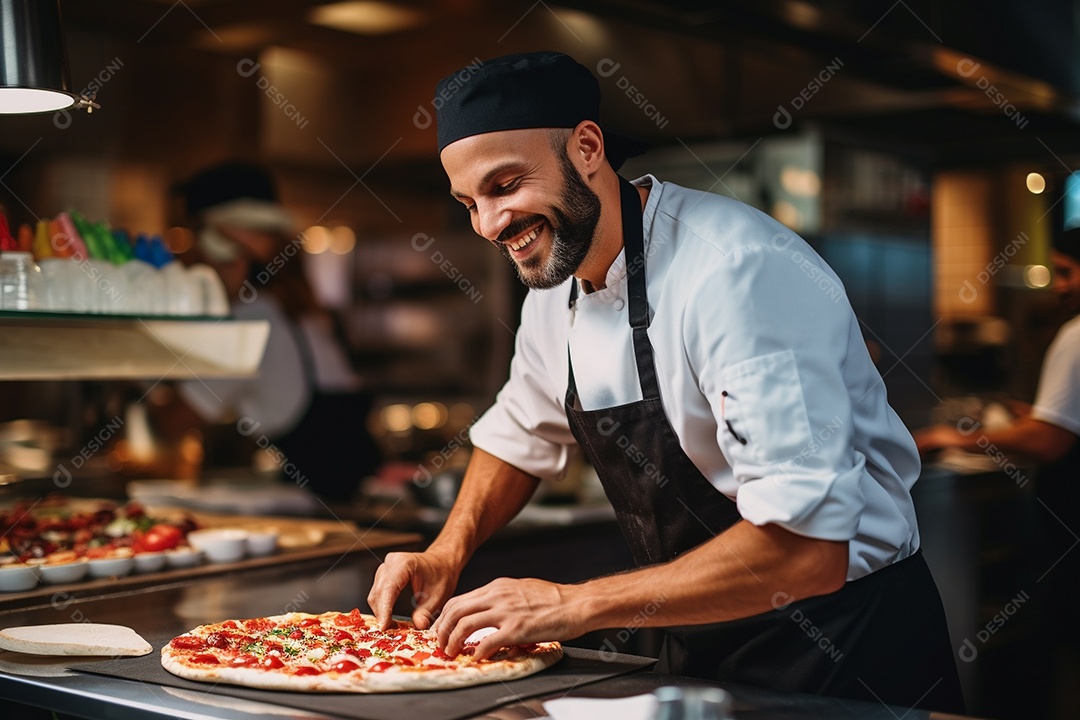 Um chef masculino faz pizza em um restaurante