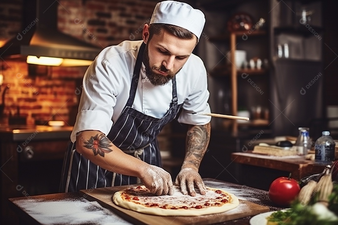 Um chef masculino faz pizza em um restaurante